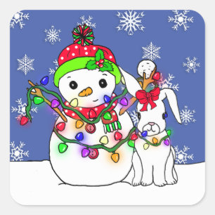 WeihnachtsSchneemann und Schnee-Häschen Quadratischer Aufkleber