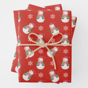 Weihnachtsschneemann und Schneeflocken Rot Geschenkpapier Set