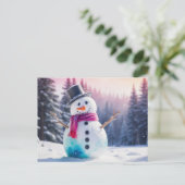 Weihnachtsschneemann und Winterwald Feiertagspostkarte (Stehend Vorderseite)