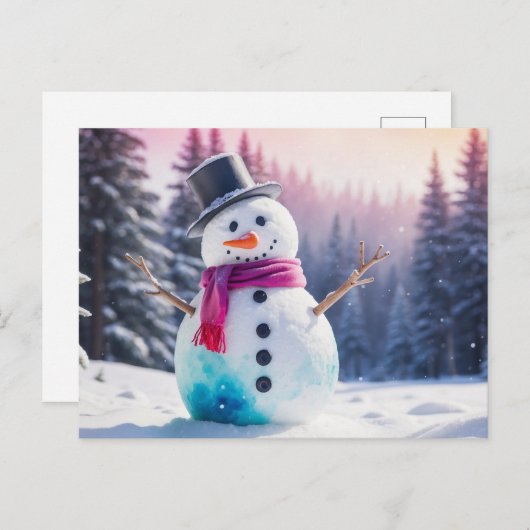 Weihnachtsschneemann und Winterwald Feiertagspostkarte (Vorne/Hinten)