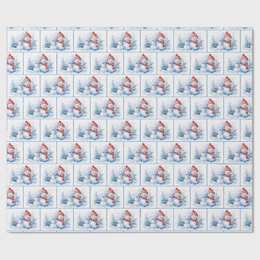 Weihnachtsschneemänner im Wasser in Schneeflocken Geschenkpapier (Flach)