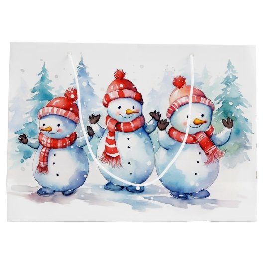 Weihnachtsschneemänner in Aquarellen Große Geschenktüte (Rückseite)