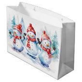 Weihnachtsschneemänner in Aquarellen Große Geschenktüte (Rückseite Schrägansicht)