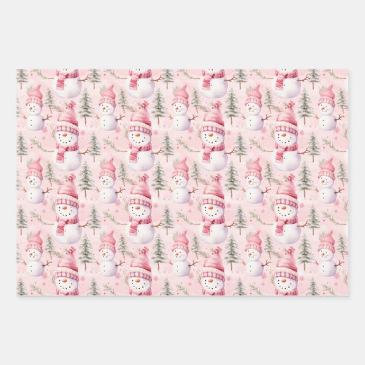 Weihnachtsschneemänner - Rosa Koordination Geschenkpapier Set (Vorderseite 3)