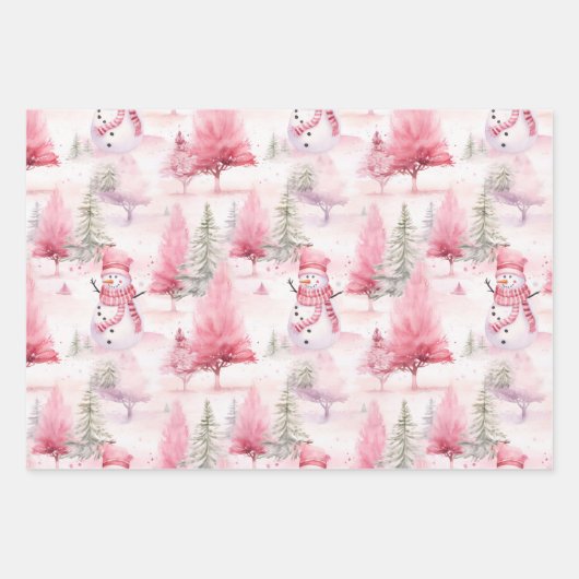 Weihnachtsschneemänner - Rosa Koordination Geschenkpapier Set (Vorderseite)
