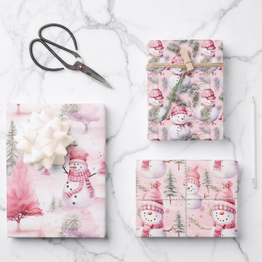 Weihnachtsschneemänner - Rosa Koordination Geschenkpapier Set (Vorderseite)