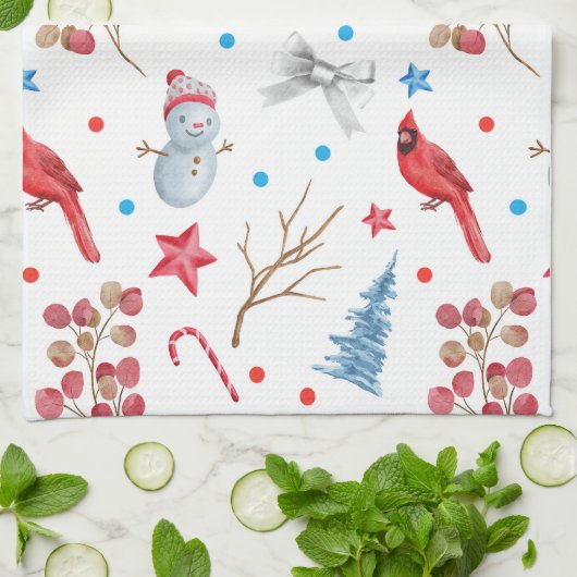 Weihnachtsschneemänner Rote Kardinäle Schneebäume Geschirrtuch (Gefaltet)