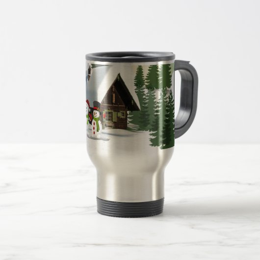 Weihnachtsschneemännerszene Reisebecher (VorderseiteRechts)
