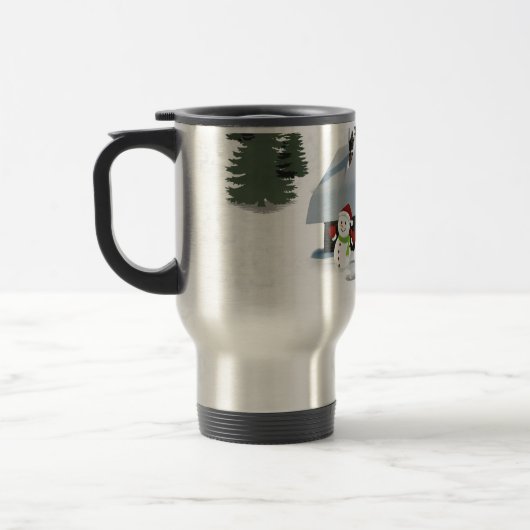Weihnachtsschneemännerszene Reisebecher (Links)