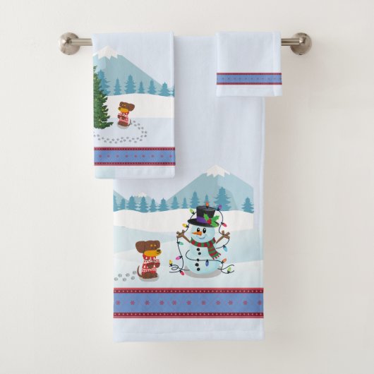 Weihnachtsschneeszene mit Snowman und Welpe Badhandtuch Set (Insitu)