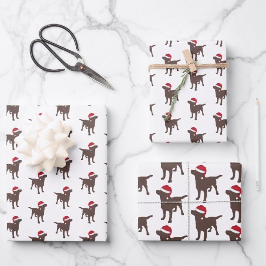 Weihnachtsschokolade Hund in Weihnachtsmannmütze Geschenkpapier Set (Vorderseite)