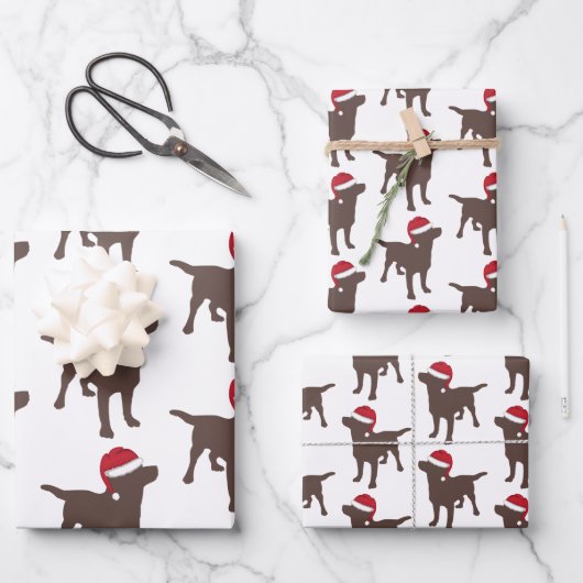 Weihnachtsschokolade Hund in Weihnachtsmannmütze Geschenkpapier Set (Vorderseite)