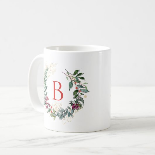 Weihnachtsschreath Custom Monogram Kaffeetasse (Vorderseite Links)