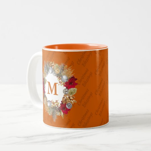 Weihnachtsschreath MONOGRAM feiern Jesus ORANGE Zweifarbige Tasse (Vorderseite Links)