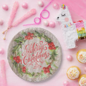 Weihnachtsschreath Rustic Wood Red Holly Typografy Pappteller (Party)