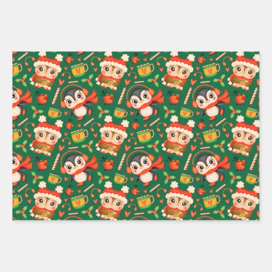 Weihnachtsschüssel und Pinguin Fest Grün Geschenkpapier Set (Vorderseite 2)