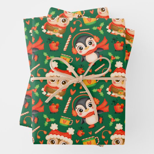 Weihnachtsschüssel und Pinguin Fest Grün Geschenkpapier Set (Beispiel)