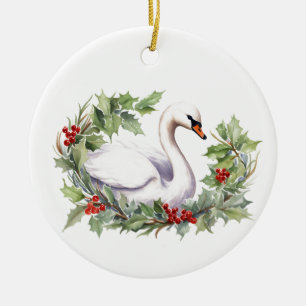 Weihnachtsschwan mit Weihnachtskranz Keramik Ornament