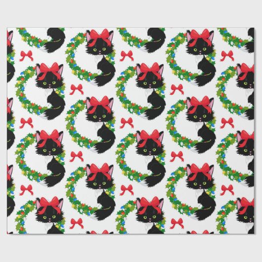 Weihnachtsschwarze Katze mit rotem Bogen Geschenkpapier (Flach)