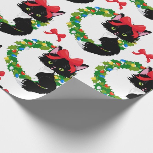 Weihnachtsschwarze Katze mit rotem Bogen Geschenkpapier (Ecke)