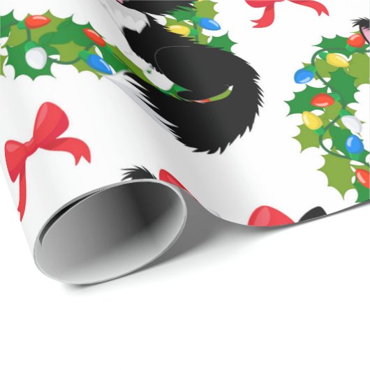 Weihnachtsschwarze Katze mit rotem Bogen Geschenkpapier (Rolleneckpunkt)