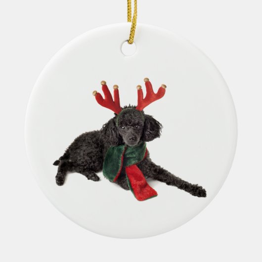 Weihnachtsschwarzer Zwergpudel-Hund gekleidet als Keramikornament (Vorne)