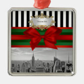 Weihnachtsschwarzes weißes Strp #2 NYC Skyline-Rei Silbernes Ornament (Vorne)