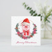 Weihnachtsschwein Niedliches Piglet Bow Wreath Pol Feiertagskarte (Stehend Vorderseite)