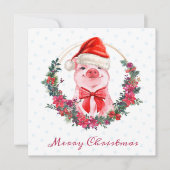 Weihnachtsschwein Niedliches Piglet Bow Wreath Pol Feiertagskarte (Vorderseite)