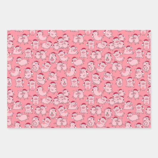 Weihnachtsschweine in Weihnachtsmannmützen Niedlic Geschenkpapier Set (Vorderseite)