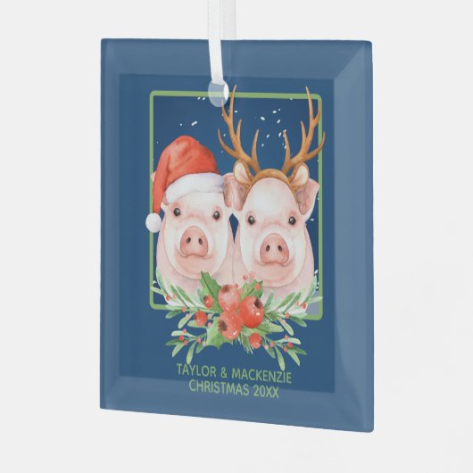 Weihnachtsschweine Niedlicher Weihnachtsmann und R Ornament Aus Glas (Vorderseite links)