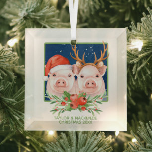 Weihnachtsschweine Niedlicher Weihnachtsmann und R Ornament Aus Glas