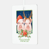Weihnachtsschweine Niedlicher Weihnachtsmann und R Ornament Aus Metall (Vorderseite links)