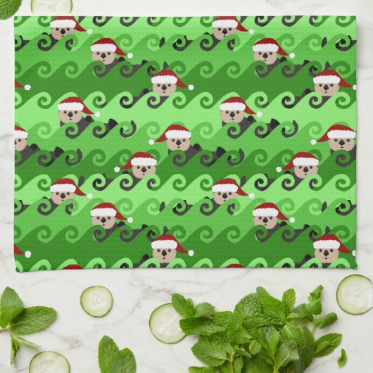 Weihnachtssee Otters Grüne Waves Geschirrtuch (Gefaltet)
