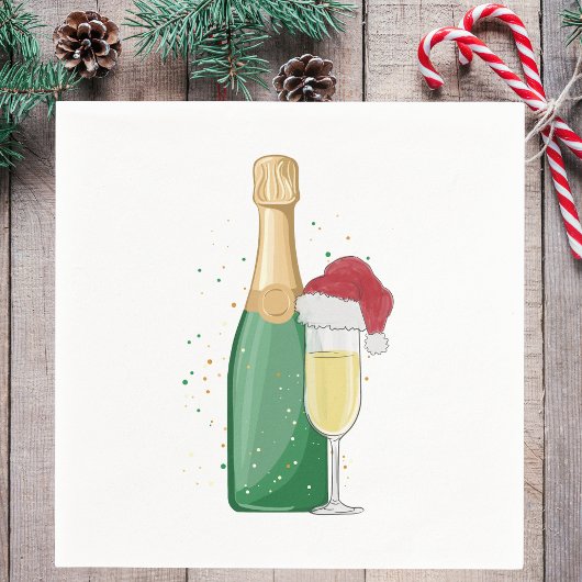Weihnachtssekt Flasche & Weihnachtsmannmütze Flute Serviette