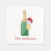 Weihnachtssekt Flasche & Weihnachtsmannmütze Flute Serviette (Vorderseite)