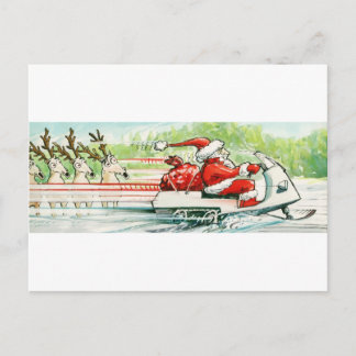 Weihnachtsski Santa Snowmobile Ski Feiertagspostkarte