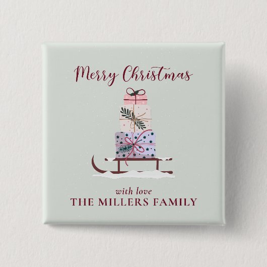 Weihnachtssleigh mit Geschenken, hellgrün Button (Vorderseite)