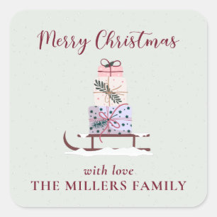 Weihnachtssleigh mit Geschenken, hellgrün Quadratischer Aufkleber