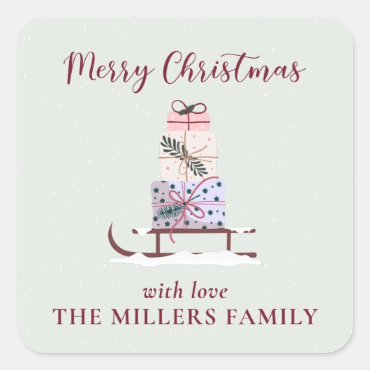 Weihnachtssleigh mit Geschenken, hellgrün Quadratischer Aufkleber (Vorderseite)