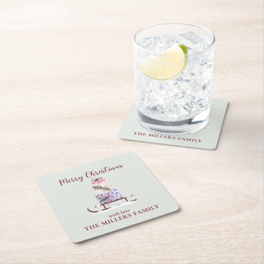 Weihnachtssleigh mit Geschenken, hellgrün Rechteckiger Pappuntersetzer (Vor Ort)