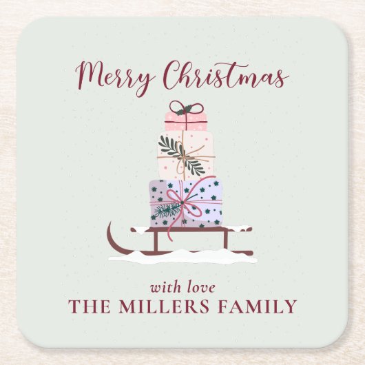 Weihnachtssleigh mit Geschenken, hellgrün Rechteckiger Pappuntersetzer (Vorderseite)