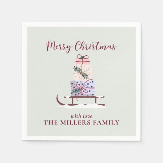 Weihnachtssleigh mit Geschenken, hellgrün Serviette (Vorderseite)