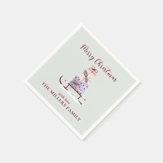 Weihnachtssleigh mit Geschenken, hellgrün Serviette (Ecke)