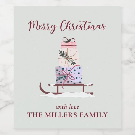 Weihnachtssleigh mit Geschenken, hellgrün Weinetikett (Einzelnes Label)