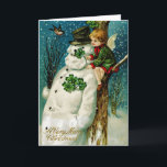 WeihnachtsSnowman mit Kleeblättern Feiertagskarte<br><div class="desc">Vintage Weihnachtskartenillustration.</div>