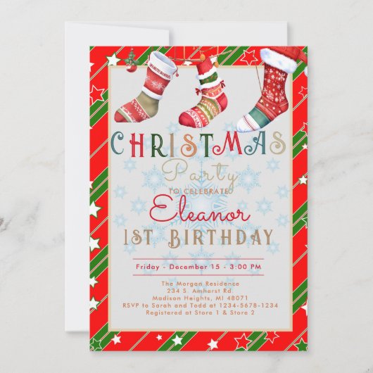 Weihnachtssocken 1. Geburtstag Party Einladung (Vorderseite)