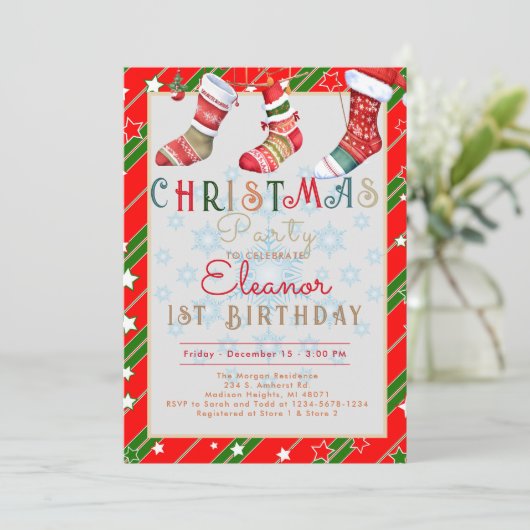 Weihnachtssocken 1. Geburtstag Party Einladung (Stehend Vorderseite)