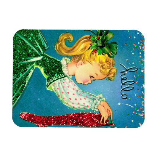 Weihnachtssocken Glitzer Mädchen Magnet (Horizontal)
