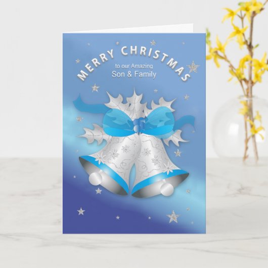 WeihnachtsSohn und Familie Silber und Blauer Glock Karte (Gelbe Blume)